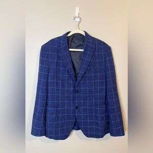 Spada Blue Wool Linen Windowpane Plaid Blazer Men’s 58 (Drop 6R) 44” Chest